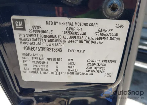 2005 Chevrolet Tahoe Ls из США, поврежденный, VIN 1GNEC13T85R218643